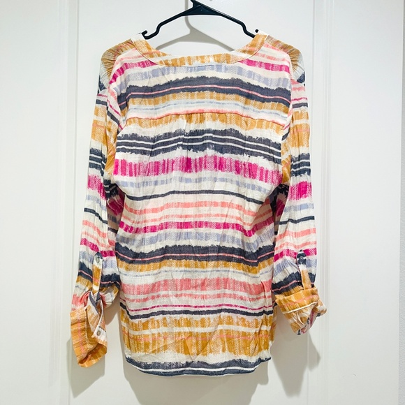Zac Rachel colorful Striped Long Roll Tab Sleeve V neck Button Top Blouse size L - Picture 3 of 11